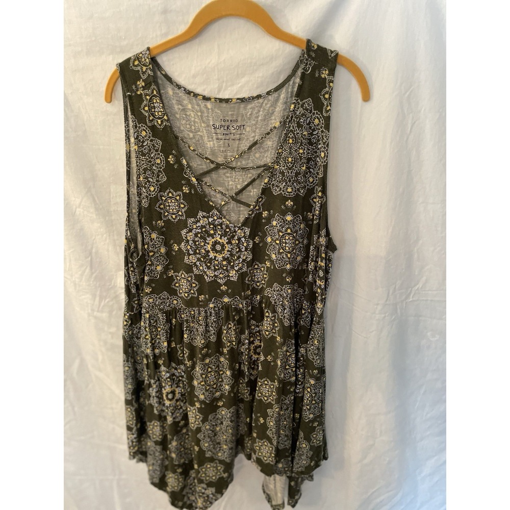 Torrid Womens Super Soft Knits Tunic Tank Top Green Yellow Mandala Sz 3 3X